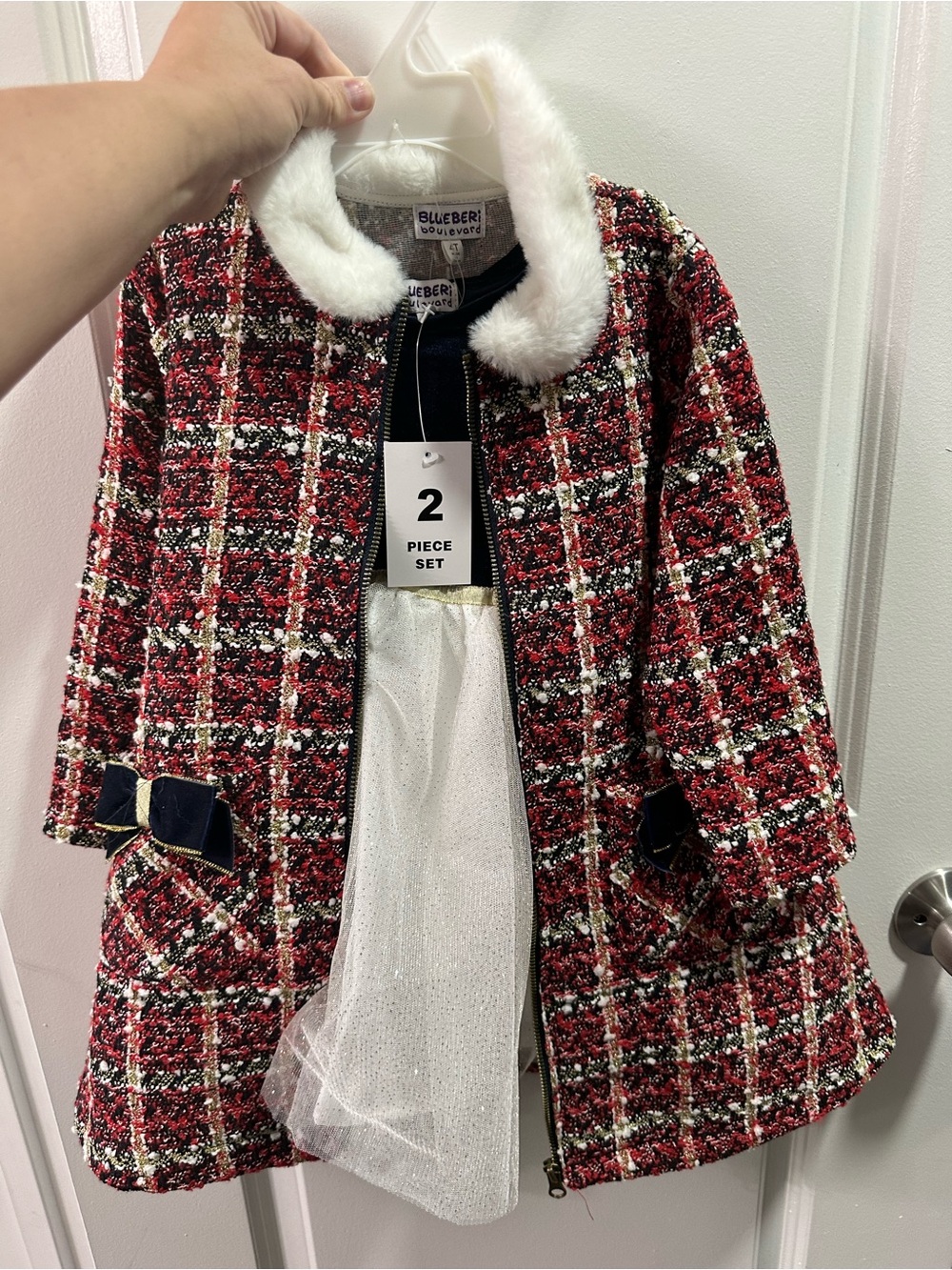 Blueberi Boulevard Red Plaid Tweed Two-Piece Coat Set with White Faux Fur Collar